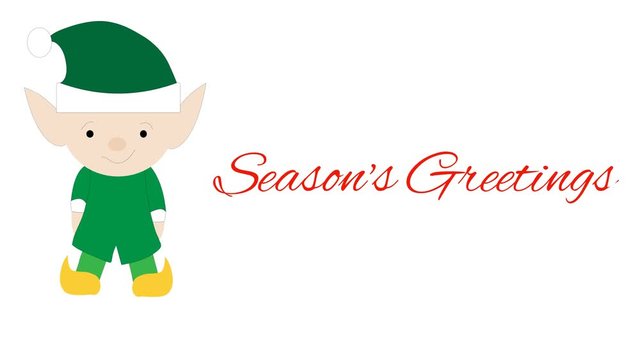 Season's Greetings illustrated on white banner with green elf.