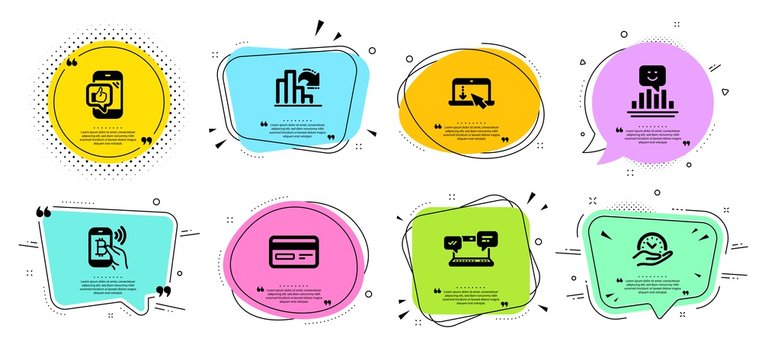Smile, Bitcoin pay and Safe time line icons set. Chat bubbles with quotes. Decreasing graph, Credit card and Internet chat signs. Scroll down, Mobile like symbols. Vector