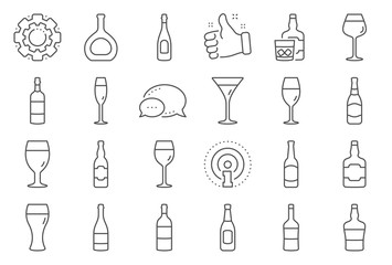 Wine bottle line icons. Set of Craft beer, Whiskey and Wine glass icons. Champagne bottle, Alcohol drink and Scotch with ice. Wineglass, Beer glass and Restaurant goblet signs. Beverage drink. Vector