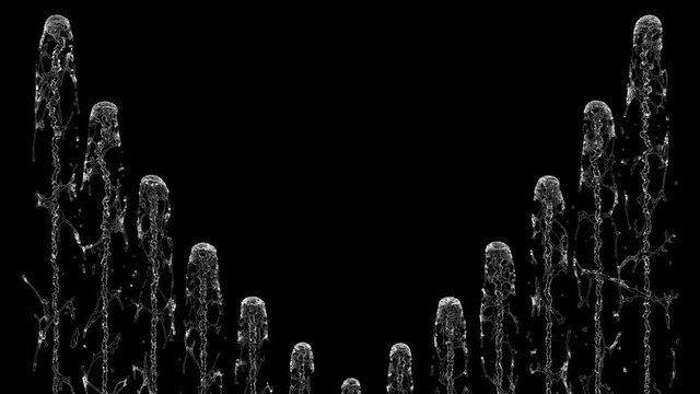4K slow motion water fountain isolated on a black background with alpha matte