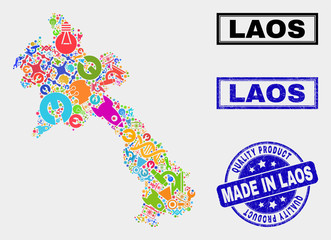 Vector combination of service Laos map and blue stamp for quality product. Laos map collage constructed with tools, spanners, industry symbols.