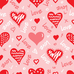 Fototapeta na wymiar Simple hearts seamless vector pattern. Valentines day background. Flat design endless chaotic texture made of tiny heart silhouettes. Shades of red.