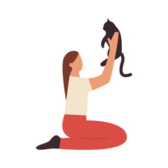 Woman with her cat. Woman dressed it trendy clothes spending time with a pet - holding a cat. Flat vector illustration
