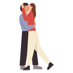 Young happy romantic couple kissing and hugging. Man and woman in love on a date. Flat vector illustration.