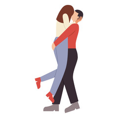 Young happy romantic couple kissing and hugging. Man and woman in love on a date. Flat vector illustration.