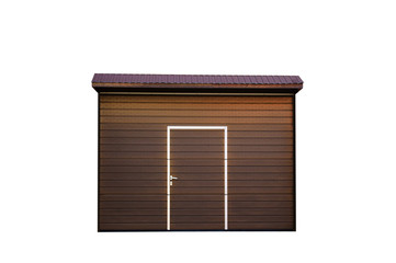 Metallic brown garage door with front door. White isolate.