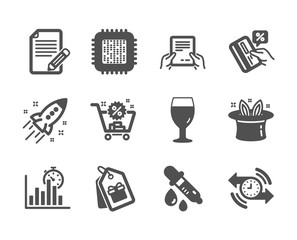 Set of Business icons, such as Coupons, Beer glass, Credit card, Chemistry pipette, Startup rocket, Cpu processor, Receive file, Shopping cart, Report timer, Article, Timer, Hat-trick. Vector