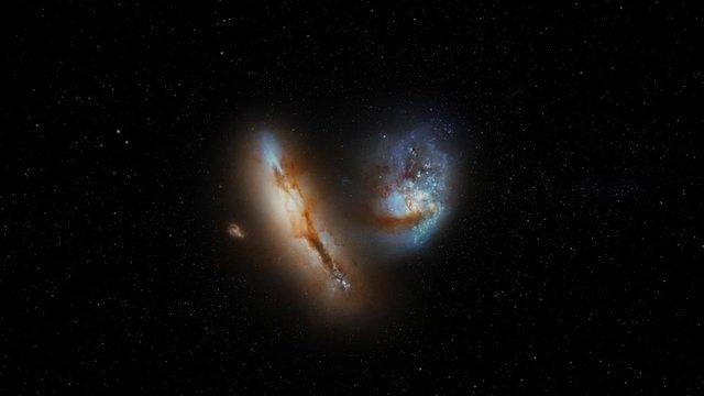 Scenic outer space collision copule of galaxy star cluster animation. Contains public domain elements by Nasa
