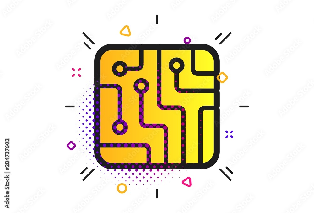 Poster circuit board sign icon. halftone dots pattern. technology scheme square symbol. classic flat techno