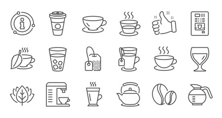 Coffee and Tea line icons. Cappuccino, Teapot and Coffeepot. Coffee beans linear icon set. Quality line set. Vector