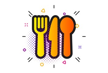Cutlery sign. Halftone circles pattern. Food icon. Fork, knife, spoon symbol. Classic flat food icon. Vector