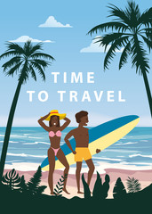 Happy Couple on Summer Vacation Beach. Wife and Husband enjoying Beach Vacation