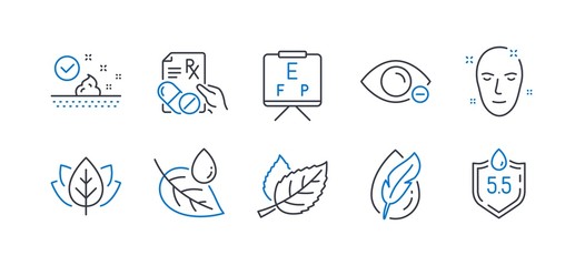 Fototapeta premium Set of Healthcare icons, such as Health skin, Leaf, Organic tested, Skin care, Vision board, Leaf dew, Prescription drugs, Myopia, Hypoallergenic tested, Ph neutral line icons. Vector