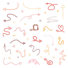 Hand drawn multicolored pointers on white. Abstract arrows. Set of different signs. Colorful illustration. Sketchy doodles