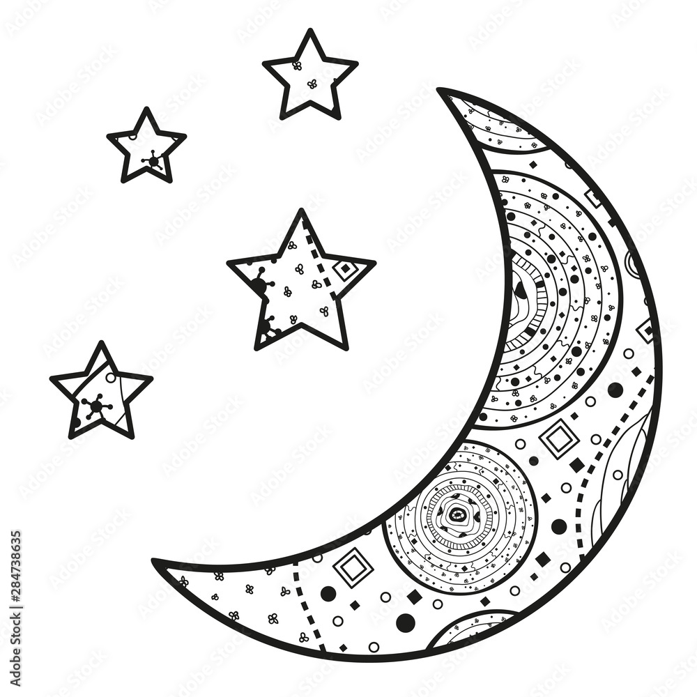 Sticker crescent moon and stars with abstract patterns on isolation background. design for spiritual relaxat
