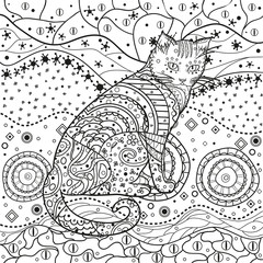 Ornate cat on pattern. Hand drawn abstract patterns on isolation background. Design for spiritual relaxation for adults. Black and white illustration for anti stress colouring page