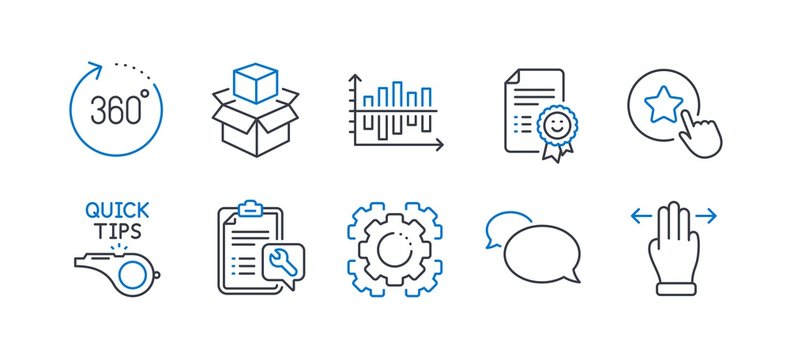 Set of Technology icons, such as 360 degrees, Diagram chart, Messenger, Tutorials, Loyalty star, Seo gear, Packing boxes, Spanner, Smile, Multitasking gesture line icons. Line 360 degrees icon. Vector