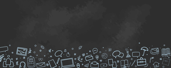 Back to school. Abstract blackboard. Background with hand drawn school supplies. Banner design. Education concept