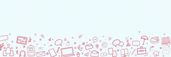 Abstract checkered pattern with school supplies. Graphic paper background. Back to school. Hand drawn elements. Education concept