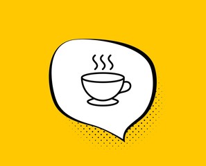 Coffee cup line icon. Comic speech bubble. Hot cappuccino sign. Tea drink mug symbol. Yellow background with chat bubble. Coffee cup icon. Colorful banner. Vector