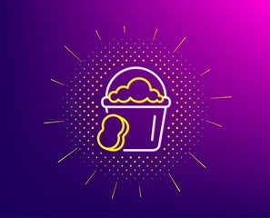 Cleaning bucket with sponge line icon. Halftone pattern. Washing Housekeeping equipment sign. Gradient background. Sponge line icon. Yellow halftone pattern. Vector