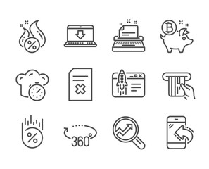 Set of Technology icons, such as Loan percent, Start business, Delete file, Hot loan, Bitcoin coin, Internet downloading, Cooking timer, Analytics, Credit card, Typewriter, Incoming call. Vector