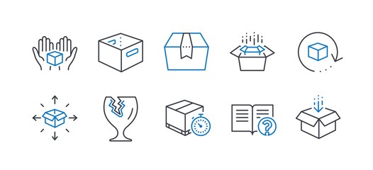 Set of Industrial icons, such as Office box, Delivery timer, Help, Parcel delivery, Hold box, Fragile package, Return package, Packing boxes line icons. Express logistics, Documentation. Vector