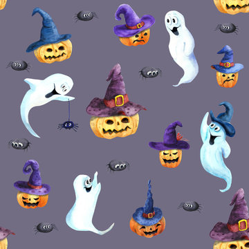 Funny seamless pattern with cut orange pumpkins and funny ghosts, isolated on gray background.  Halloween mood