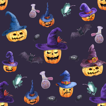 Funny seamless pattern with cut orange pumpkins and bats, frogs, spiders, isolated on dark background.  Halloween mood