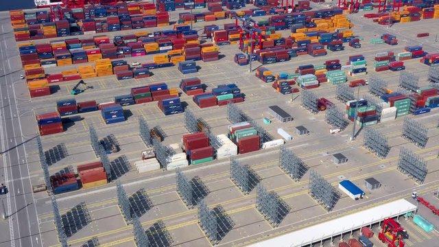 Aerial of large container storage area in a freight cargo port