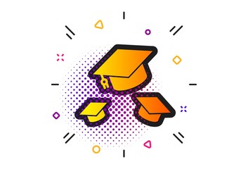 Education sign. Halftone circles pattern. Graduation caps icon. Student hat symbol. Classic flat throw hats icon. Vector