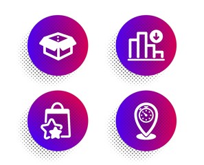 Decreasing graph, Loyalty points and Open box icons simple set. Halftone dots button. Timer sign. Crisis chart, Bonus bags, Delivery package. Location pointer. Business set. Vector