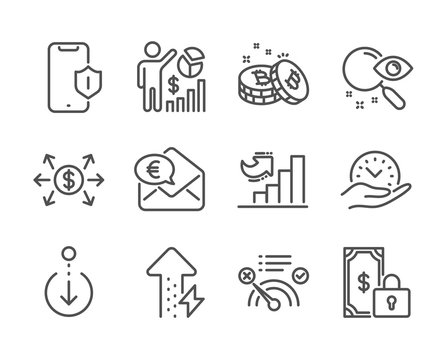 Set of Technology icons, such as Seo statistics, Growth chart, Euro money, Scroll down, Dollar exchange, Private payment, Search, Safe time, Smartphone protection, Bitcoin, No internet. Vector