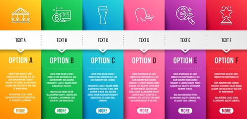 Breathing exercise, Search flight and Beer glass line icons set. Infographic timeline. Bitcoin system, Carousels and Winner signs. Breath, Airplane trip, Brewery beverage. Vector