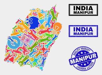 Vector collage of service Manipur State map and blue watermark for quality product. Manipur State map collage designed with tools, wrenches, production symbols.