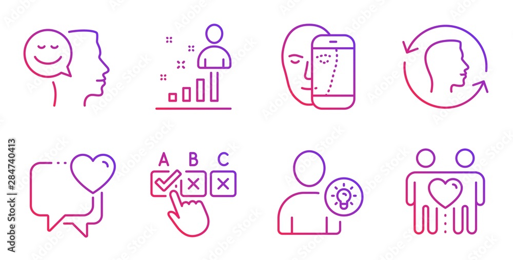 Poster good mood, user idea and face biometrics line icons set. heart, correct checkbox and face id signs. 