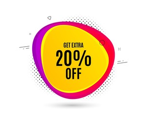 Get Extra 20% off Sale. Banner text shape. Discount offer price sign. Special offer symbol. Save 20 percentages. Geometric vector banner. Extra discount text. Gradient shape badge. Vector