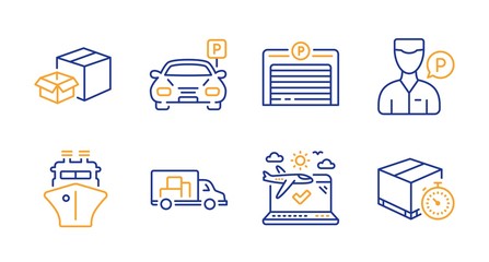 Parking, Parking garage and Truck transport line icons set. Airplane travel, Packing boxes and Valet servant signs. Ship, Delivery timer symbols. Car park, Automatic door. Transportation set. Vector