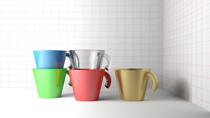 Colored coffee cups on white background - 3D rendering illustration