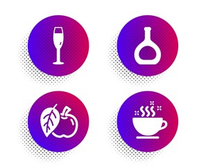Apple, Cognac bottle and Champagne glass icons simple set. Halftone dots button. Coffee cup sign. Fruit, Brandy alcohol, Winery. Hot drink. Food and drink set. Classic flat apple icon. Vector