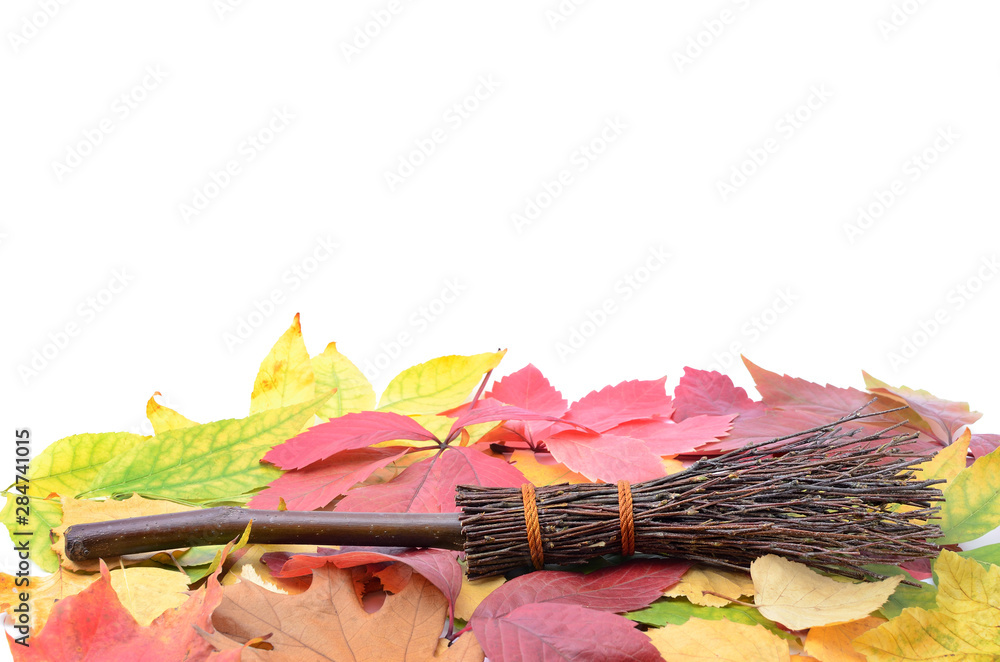 Wall mural Witch's magic broom on fallen autumn leaves - Wall murals