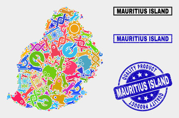 Vector collage of tools Mauritius Island map and blue watermark for quality product. Mauritius Island map collage composed with tools, spanners, industry icons.