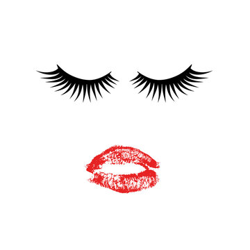 Eyelashes and red lipstick kiss. Lashes and lips isolated on white. Vector illustration. Easy to edit template for beauty salons, makeup and brow artists, eyelash extension service, etc.
