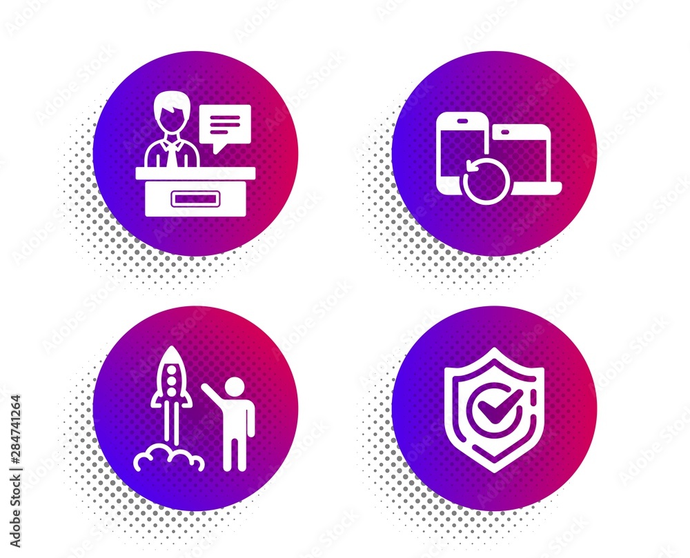 Poster launch project, exhibitors and recovery devices icons simple set. halftone dots button. confirmed si