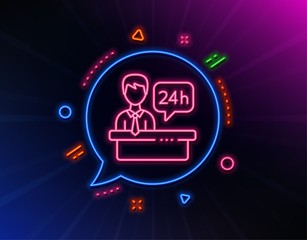 Reception desk line icon. Neon laser lights. 24 hour help sign. Hotel service symbol. Glow laser speech bubble. Neon lights chat bubble. Banner badge with reception desk icon. Vector