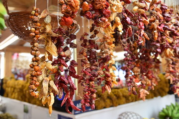 Dried small red peppers on the farmers market in Funchal, Madeira Island.  
