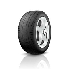 Obraz premium Vector 3d Realistic Render Car Wheel Icon Closeup Isolated on White Background. Design Template of New Tires with Alloy Rims Front and Side View