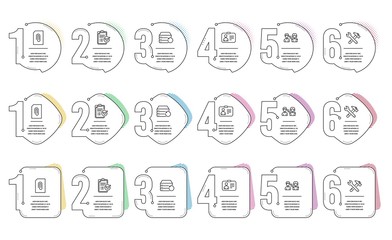 Survey checklist, People communication and Recovery server line icons set. Infographic timeline. Attachment, Spanner tool and Id card signs. Report, People talking, Backup data. Vector