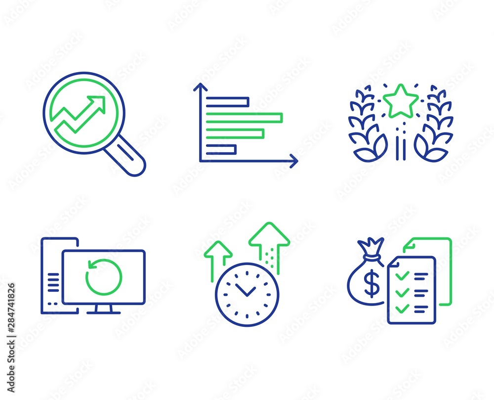 Poster analytics, time management and recovery computer line icons set. horizontal chart, ranking and accou