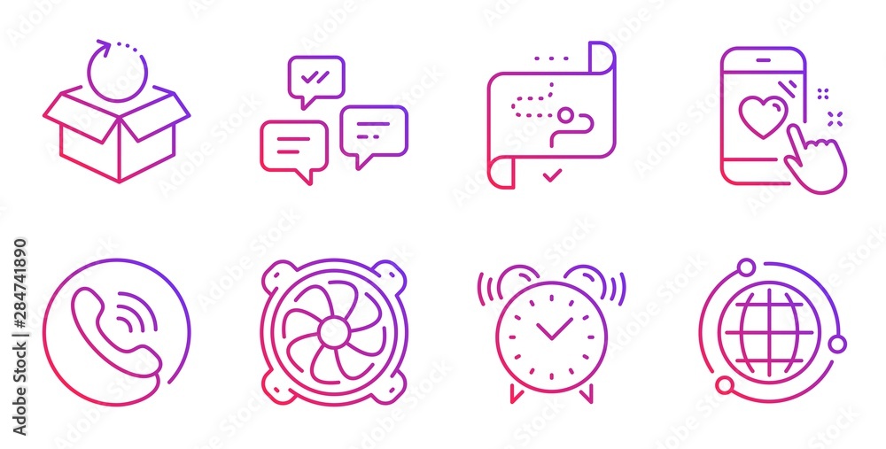 Poster heart rating, alarm clock and target path line icons set. chat messages, call center and return pack